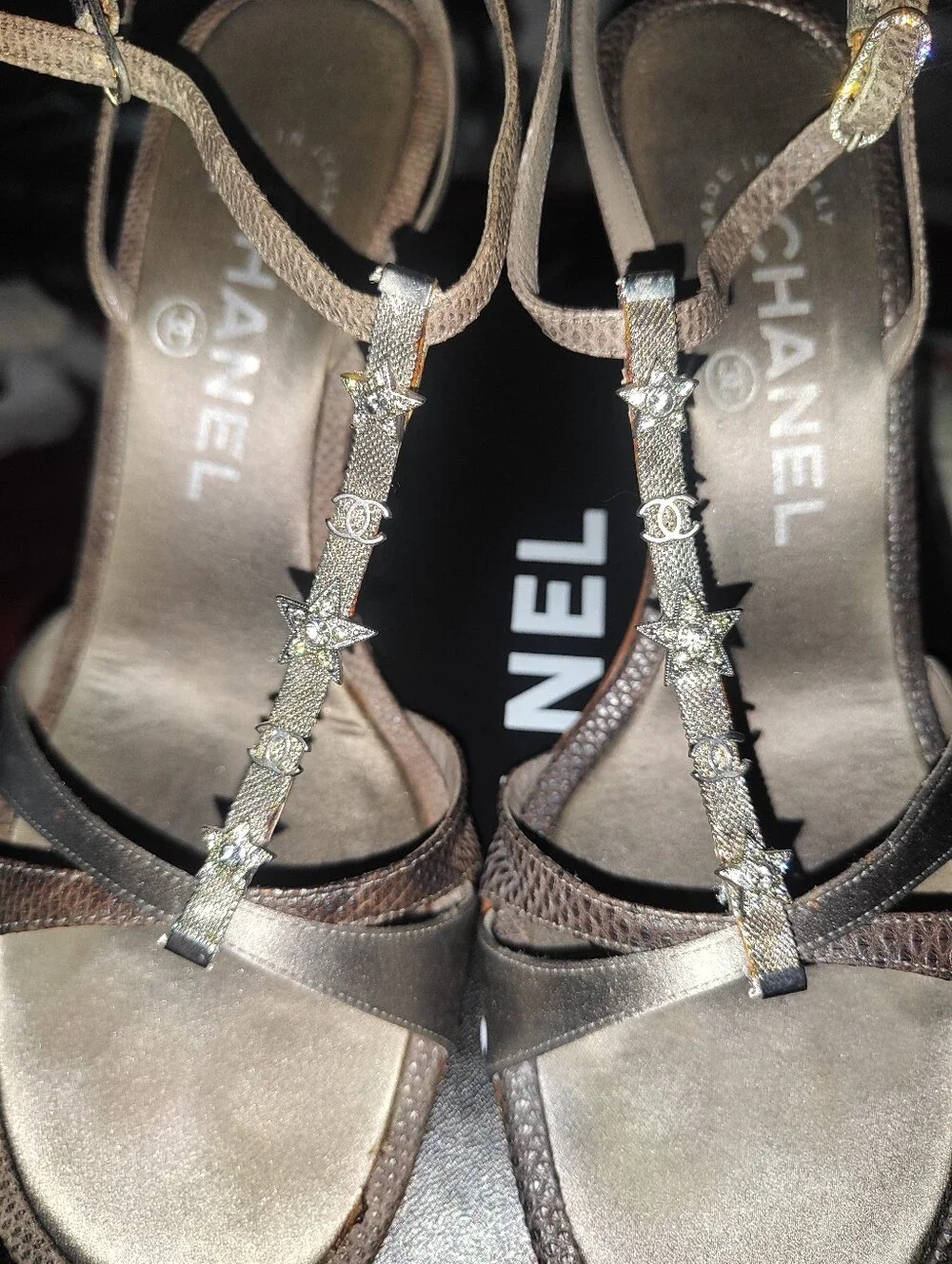 CHANEL satin rhinestone heels/sandals